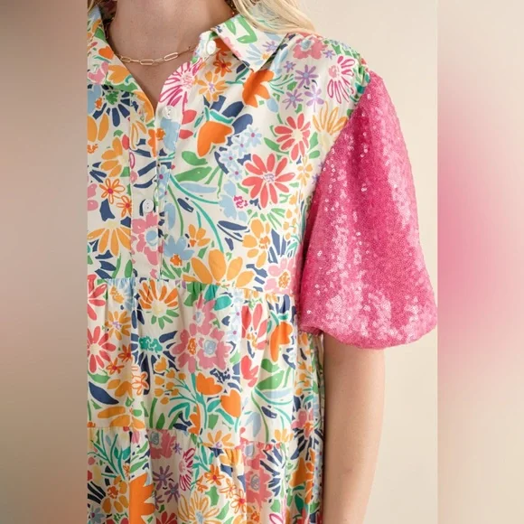 081 • Floral Button-Front Baby Doll Cotton Dress with Pink Puff Sequined Sleeves - Picture 9 of 12